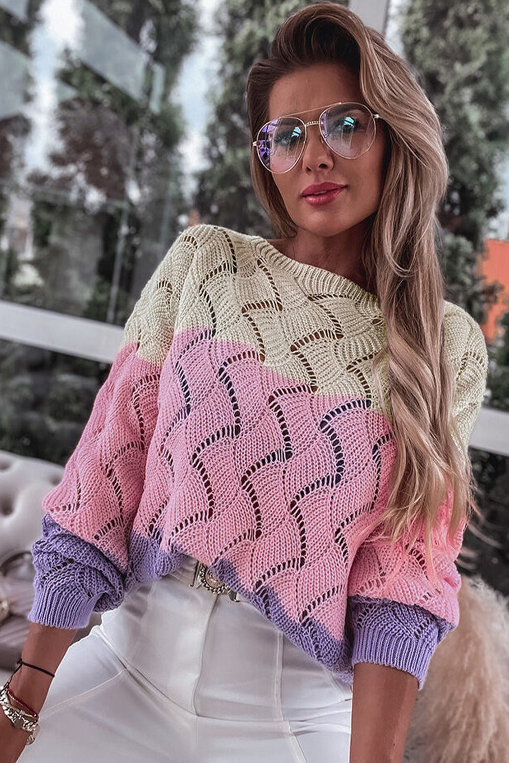 Color Block Hollow Knitted Loose Sweater Ti Amo I love you