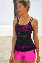 Load image into Gallery viewer, Color Block Lace Drawstring Tie Tankini Set Ti Amo I love you
