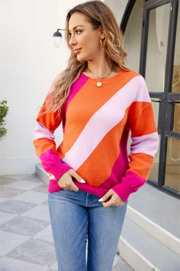 Color Block Ribbed Round Neck Sweater Ti Amo I love you