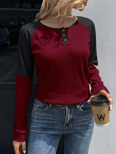 Load image into Gallery viewer, Contrast Buttoned Round Neck Raglan Sleeve Top Ti Amo I love you
