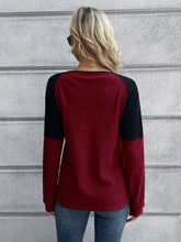 Load image into Gallery viewer, Contrast Buttoned Round Neck Raglan Sleeve Top Ti Amo I love you
