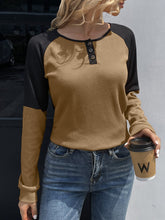 Load image into Gallery viewer, Contrast Buttoned Round Neck Raglan Sleeve Top Ti Amo I love you
