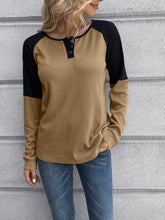 Load image into Gallery viewer, Contrast Buttoned Round Neck Raglan Sleeve Top Ti Amo I love you
