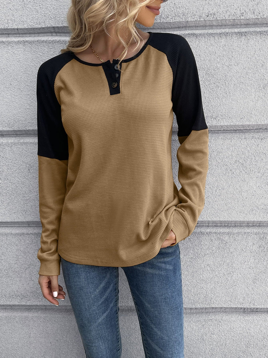 Contrast Buttoned Round Neck Raglan Sleeve Top Ti Amo I love you