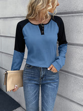 Load image into Gallery viewer, Contrast Buttoned Round Neck Raglan Sleeve Top Ti Amo I love you
