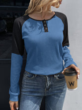 Load image into Gallery viewer, Contrast Buttoned Round Neck Raglan Sleeve Top Ti Amo I love you
