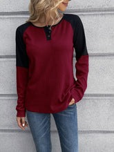 Load image into Gallery viewer, Contrast Buttoned Round Neck Raglan Sleeve Top Ti Amo I love you
