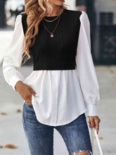 Load image into Gallery viewer, Contrast Round Neck Puff Sleeve Blouse Ti Amo I love you
