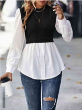 Load image into Gallery viewer, Contrast Round Neck Puff Sleeve Blouse Ti Amo I love you
