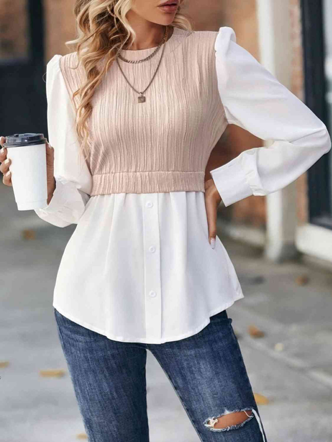 Contrast Round Neck Puff Sleeve Blouse Ti Amo I love you