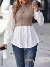 Load image into Gallery viewer, Contrast Round Neck Puff Sleeve Blouse Ti Amo I love you
