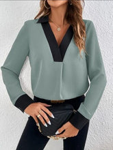 Load image into Gallery viewer, Contrast Trim V-Neck Long Sleeve Blouse Ti Amo I love you
