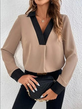 Load image into Gallery viewer, Contrast Trim V-Neck Long Sleeve Blouse Ti Amo I love you
