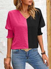 Load image into Gallery viewer, Contrast V-Neck Lantern Sleeve Blouse Ti Amo I love you
