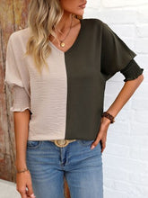 Load image into Gallery viewer, Contrast V-Neck Lantern Sleeve Blouse Ti Amo I love you
