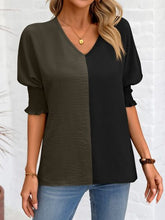 Load image into Gallery viewer, Contrast V-Neck Lantern Sleeve Blouse Ti Amo I love you
