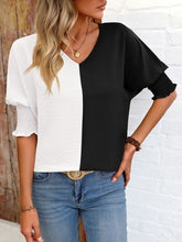 Load image into Gallery viewer, Contrast V-Neck Lantern Sleeve Blouse Ti Amo I love you
