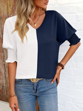 Load image into Gallery viewer, Contrast V-Neck Lantern Sleeve Blouse Ti Amo I love you
