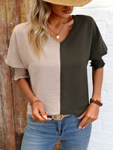 Load image into Gallery viewer, Contrast V-Neck Lantern Sleeve Blouse Ti Amo I love you
