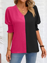 Load image into Gallery viewer, Contrast V-Neck Lantern Sleeve Blouse Ti Amo I love you
