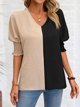 Load image into Gallery viewer, Contrast V-Neck Lantern Sleeve Blouse Ti Amo I love you
