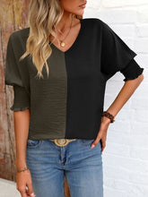 Load image into Gallery viewer, Contrast V-Neck Lantern Sleeve Blouse Ti Amo I love you
