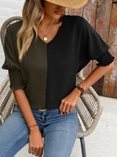 Load image into Gallery viewer, Contrast V-Neck Lantern Sleeve Blouse Ti Amo I love you
