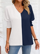 Load image into Gallery viewer, Contrast V-Neck Lantern Sleeve Blouse Ti Amo I love you
