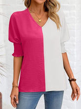 Load image into Gallery viewer, Contrast V-Neck Lantern Sleeve Blouse Ti Amo I love you
