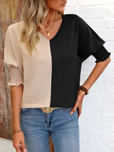 Load image into Gallery viewer, Contrast V-Neck Lantern Sleeve Blouse Ti Amo I love you
