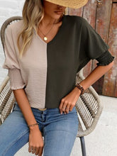 Load image into Gallery viewer, Contrast V-Neck Lantern Sleeve Blouse Ti Amo I love you
