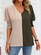 Load image into Gallery viewer, Contrast V-Neck Lantern Sleeve Blouse Ti Amo I love you
