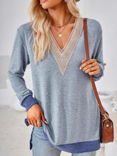 Load image into Gallery viewer, Crochet Contrast V-Neck Long Sleeve Slit T-Shirt Ti Amo I love you
