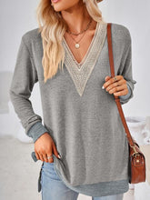 Load image into Gallery viewer, Crochet Contrast V-Neck Long Sleeve Slit T-Shirt Ti Amo I love you
