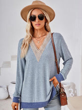 Load image into Gallery viewer, Crochet Contrast V-Neck Long Sleeve Slit T-Shirt Ti Amo I love you
