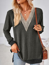 Load image into Gallery viewer, Crochet Contrast V-Neck Long Sleeve Slit T-Shirt Ti Amo I love you
