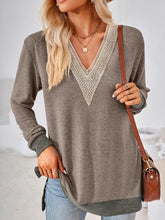 Load image into Gallery viewer, Crochet Contrast V-Neck Long Sleeve Slit T-Shirt Ti Amo I love you
