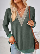 Load image into Gallery viewer, Crochet Contrast V-Neck Long Sleeve Slit T-Shirt Ti Amo I love you
