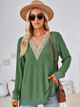 Load image into Gallery viewer, Crochet Contrast V-Neck Long Sleeve Slit T-Shirt Ti Amo I love you
