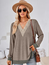 Load image into Gallery viewer, Crochet Contrast V-Neck Long Sleeve Slit T-Shirt Ti Amo I love you
