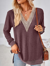 Load image into Gallery viewer, Crochet Contrast V-Neck Long Sleeve Slit T-Shirt Ti Amo I love you
