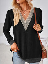 Load image into Gallery viewer, Crochet Contrast V-Neck Long Sleeve Slit T-Shirt Ti Amo I love you
