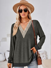 Load image into Gallery viewer, Crochet Contrast V-Neck Long Sleeve Slit T-Shirt Ti Amo I love you
