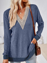 Load image into Gallery viewer, Crochet Contrast V-Neck Long Sleeve Slit T-Shirt Ti Amo I love you
