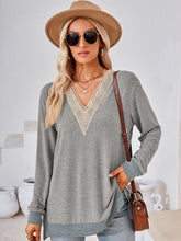 Load image into Gallery viewer, Crochet Contrast V-Neck Long Sleeve Slit T-Shirt Ti Amo I love you
