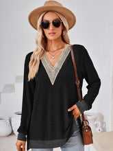 Load image into Gallery viewer, Crochet Contrast V-Neck Long Sleeve Slit T-Shirt Ti Amo I love you
