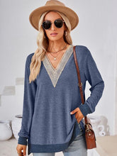 Load image into Gallery viewer, Crochet Contrast V-Neck Long Sleeve Slit T-Shirt Ti Amo I love you
