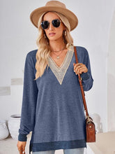 Load image into Gallery viewer, Crochet Contrast V-Neck Long Sleeve Slit T-Shirt Ti Amo I love you
