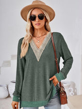 Load image into Gallery viewer, Crochet Contrast V-Neck Long Sleeve Slit T-Shirt Ti Amo I love you
