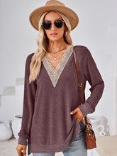 Load image into Gallery viewer, Crochet Contrast V-Neck Long Sleeve Slit T-Shirt Ti Amo I love you
